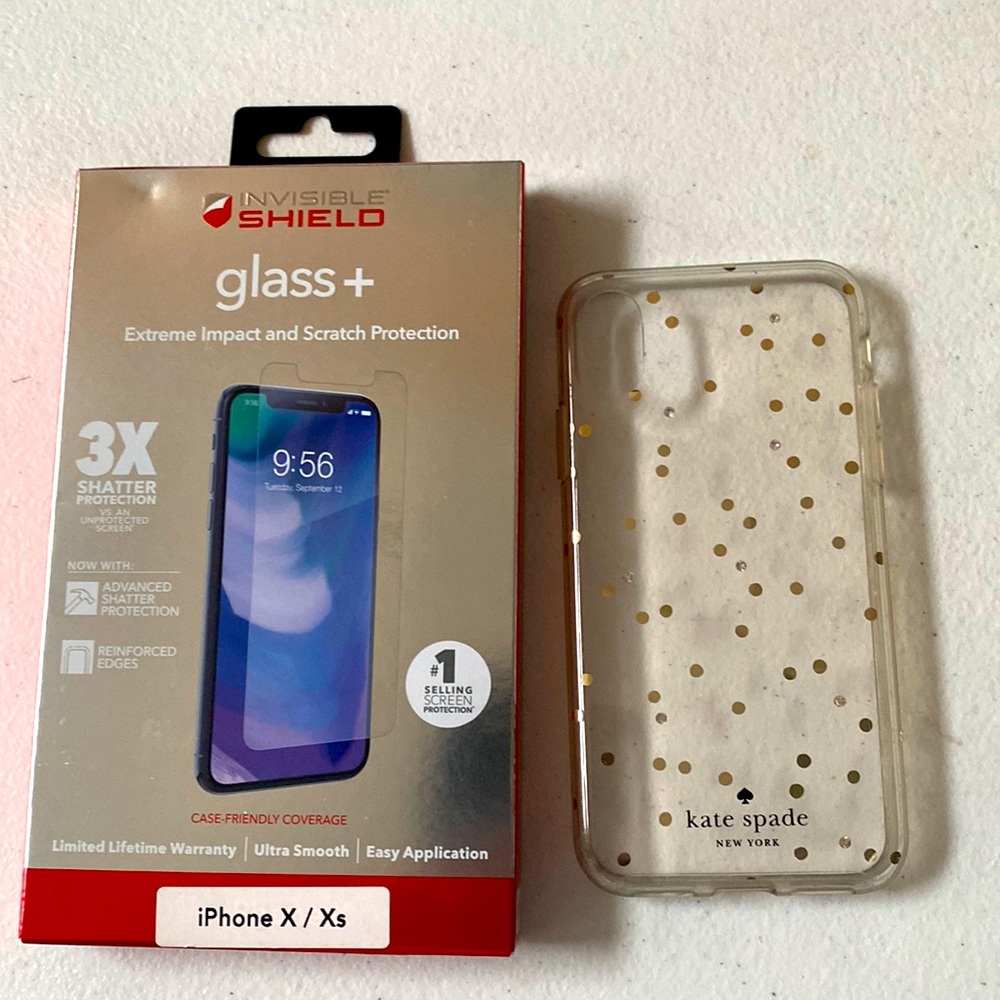 NEW Glass+ Screen Protector for iPhone X/Xs and a Gently Used Kate Spade X case